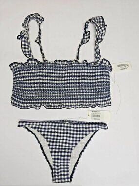 TORY BURCH Blue White Gingham Plaid Ruffle Swimsuit Top Size L Bottoms Size XS 2